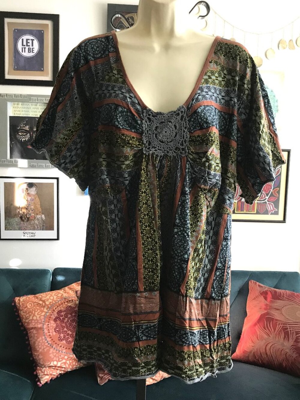 UNITY World Wear size 1X Mixed Prints Bohemian Crochet Medallion Hippie Top
